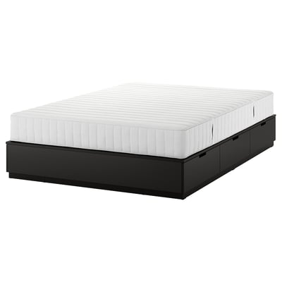 NORDLI Base de cama+almacenaje y colchón, carbón/Valevåg Firmeza media, Queen