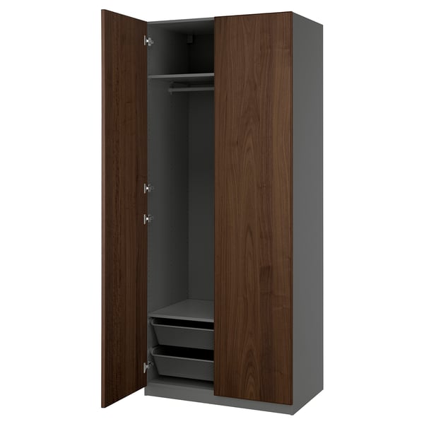 PAX / BJÖRNESKOGEN Combinación de clóset, gris oscuro/chapa nogal, 100x60x236 cm