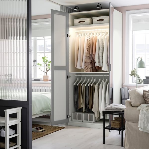 PAX / KAMMARTORP Combinación de clóset, blanco espejo/gris, 100x60x236 cm