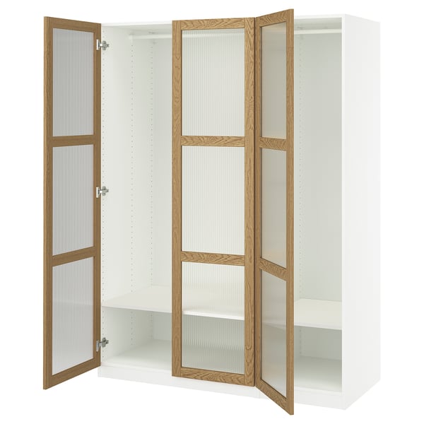 PAX / TONSTAD Combinación de clóset, blanco/chapa roble vidrio, 150x60x201 cm