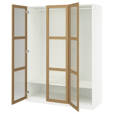 PAX / TONSTAD Combinación de clóset, blanco/chapa roble vidrio, 150x60x201 cm