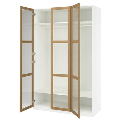 PAX / TONSTAD Combinación de clóset, blanco/chapa roble vidrio, 150x60x236 cm