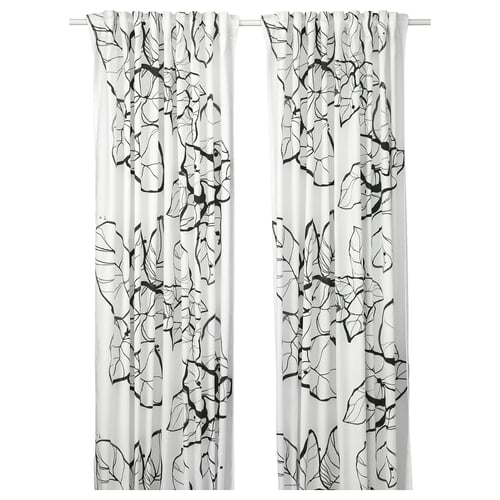 PELARKÖRSBÄR Cortinas, 1 par, blanco/negro motivo floral/con cinta de fruncir, 145x250 cm