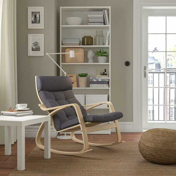POÄNG Silla mecedora, chapa abedul/Gunnared gris oscuro