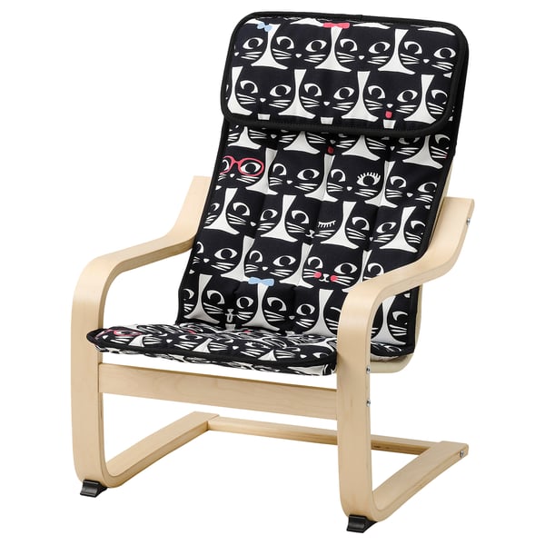 POÄNG Sillón para niños, chapa abedul/Gisslarp motivo gato