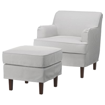ROCKSJÖN Sillón con taburete, Klovsta gris/blanco