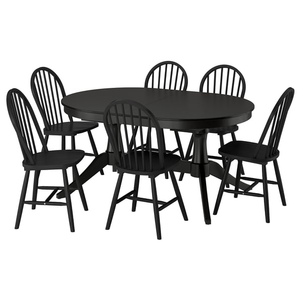 ROSENTORP / SKOGSTA Mesa y 6 sillas, negro/negro, 160/215x110 cm