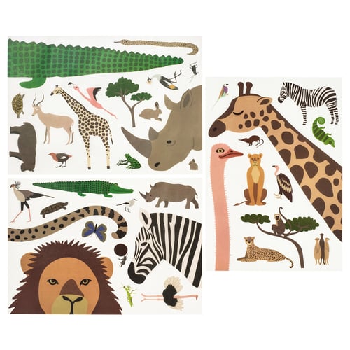 SANDLÖPARE Calcomanías decorativas, juego de 3, multicolor/Animales en la sabana