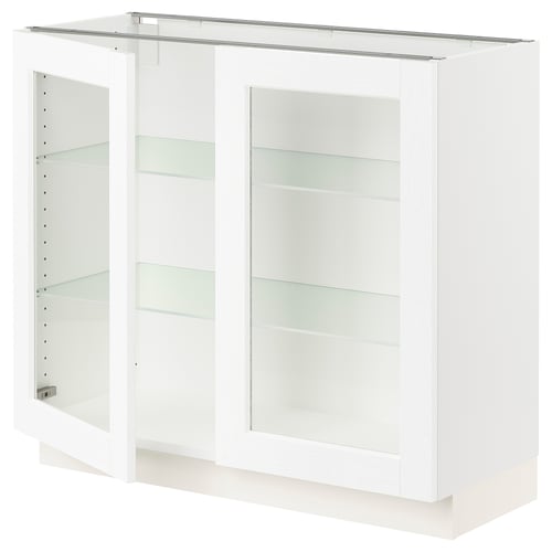 SEKTION Gabinete bajo 2 puertas vidrio, blanco Enköping/blanco efecto madera, 91x37x76 cm