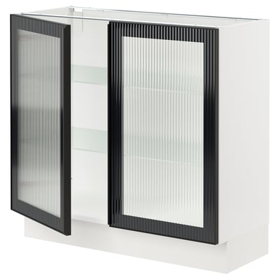 SEKTION Gabinete bajo 2 puertas vidrio, blanco/Hejsta Vidrio acanalado carbón, 91x37x76 cm