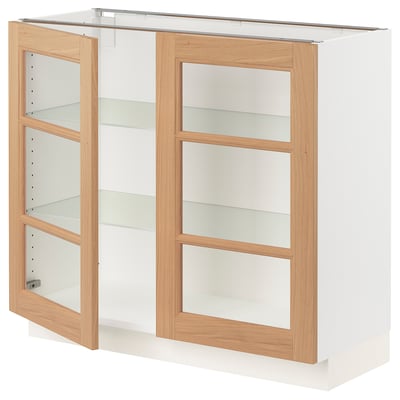 SEKTION Gabinete bajo 2 puertas vidrio, blanco/Vedhamn roble, 91x37x76 cm