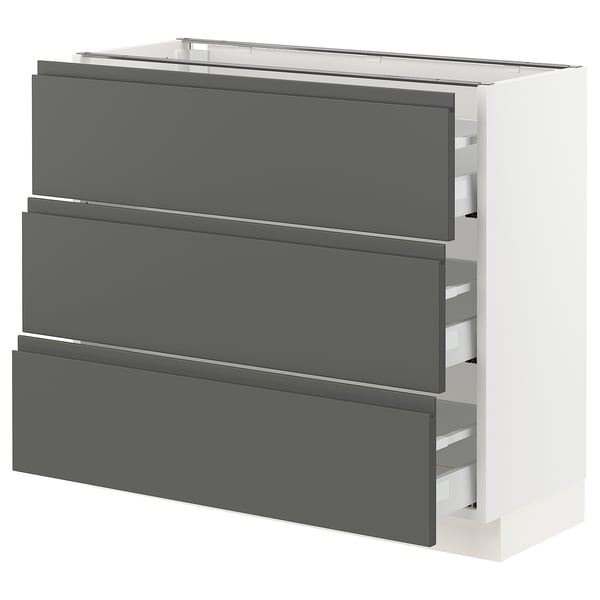 SEKTION Gabinete bajo 3 cajones, blanco Maximera/Voxtorp gris oscuro, 91x37x76 cm