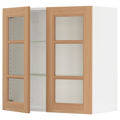 SEKTION Gabinete de pared 2 puertas vidrio, blanco/Vedhamn roble, 76x37x76 cm