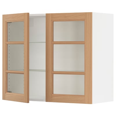 SEKTION Gabinete de pared 2 puertas vidrio, blanco/Vedhamn roble, 91x37x76 cm
