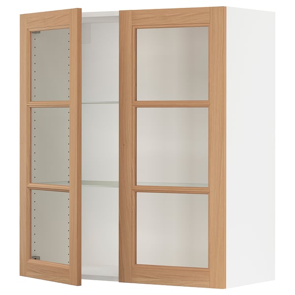 SEKTION Gabinete de pared 2 puertas vidrio, blanco/Vedhamn roble, 91x37x102 cm