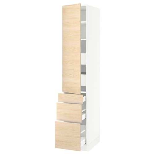 SEKTION / MAXIMERA Gabinete alto 1 puerta 5 cajones, blanco/Askersund efecto fresno claro, 38x61x203 cm