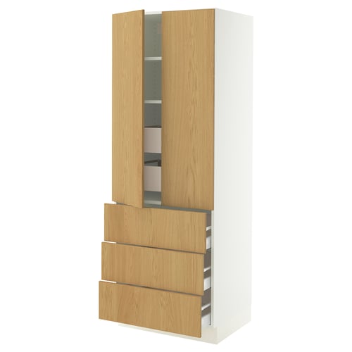 SEKTION / MAXIMERA Gabinete alto 2 puertas 5 cajones, blanco/Sinarp chapa roble, 76x61x203 cm