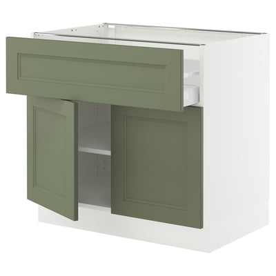 SEKTION / MAXIMERA Gabinete bajo 2 puertas 1 cajón, blanco/Axstad verde grisáceo, 91x61x76 cm