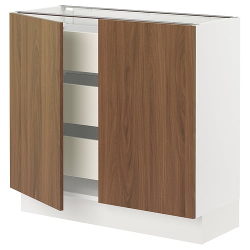 SEKTION / MAXIMERA Gabinete bajo 2 puertas 3 cajones, blanco/Tistorp Efecto nogal café, 91x37x76 cm