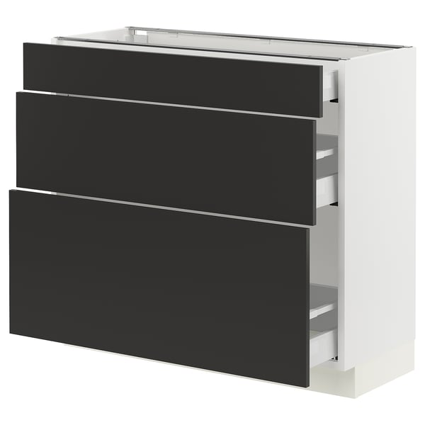SEKTION / MAXIMERA Gabinete bajo 3 cajones, blanco/Nickebo Carbón mate, 91x37x76 cm
