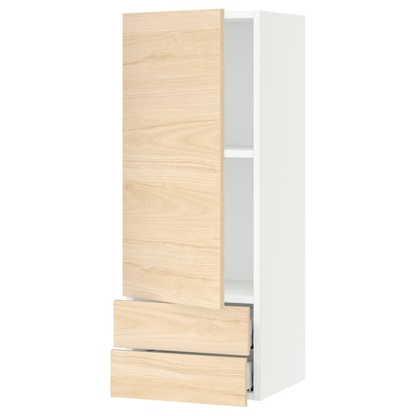 SEKTION / MAXIMERA Gabinete pared 1 puerta 2 cajones, blanco/Askersund efecto fresno claro, 38x37x102 cm