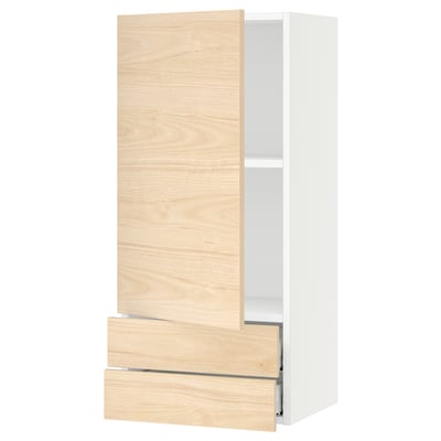 SEKTION / MAXIMERA Gabinete pared 1 puerta 2 cajones, blanco/Askersund efecto fresno claro, 46x37x102 cm