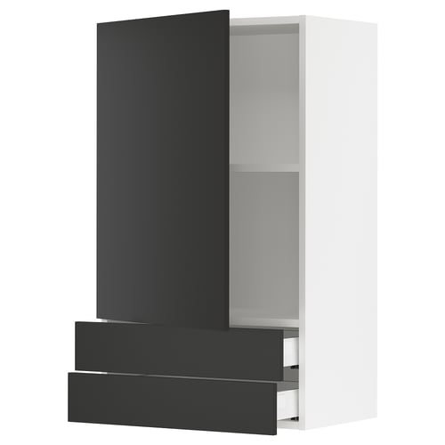 SEKTION / MAXIMERA Gabinete pared 1 puerta 2 cajones, blanco/Nickebo Carbón mate, 61x37x102 cm