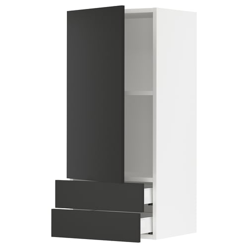 SEKTION / MAXIMERA Gabinete pared 1 puerta 2 cajones, blanco/Nickebo Carbón mate, 46x37x102 cm