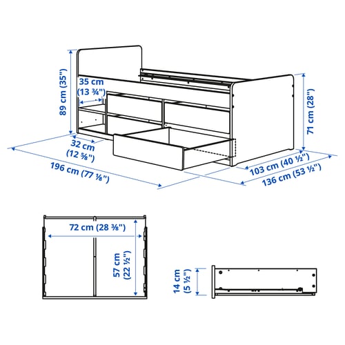 SLÄKT Base de cama con almacenamiento, blanco, Individual