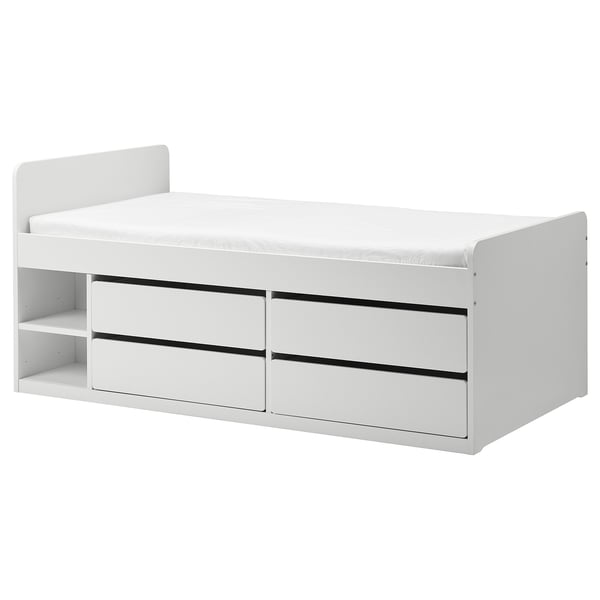 SLÄKT Base de cama con somier tablillas, blanco, Individual