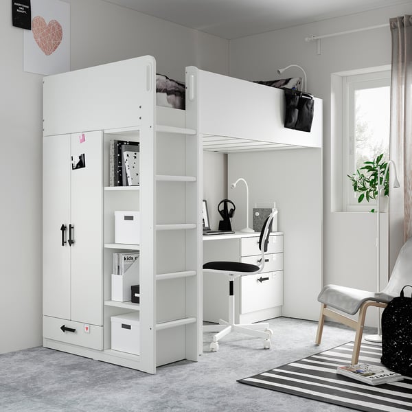 SMÅSTAD Cama alta - blanco blanco/con escritorio con 4 cajones - IKEA