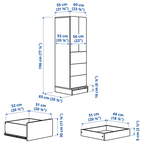SMÅSTAD / UPPFÖRA Clóset, blanco raya/azul con 3 cajones, 60x65x196 cm