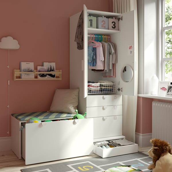 SMÅSTAD / UPPFÖRA Combinación de almacenamiento, blanco blanco/con banca, 150x65x196 cm