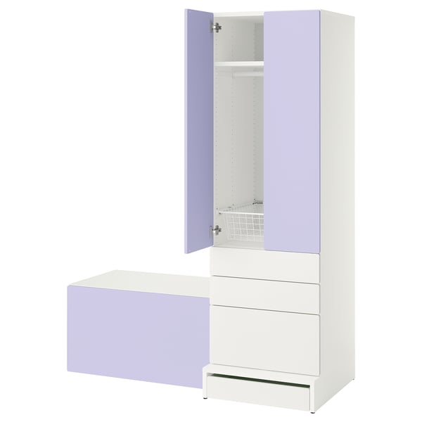 SMÅSTAD / UPPFÖRA Combinación de almacenamiento, blanco lila/con banca, 150x65x196 cm