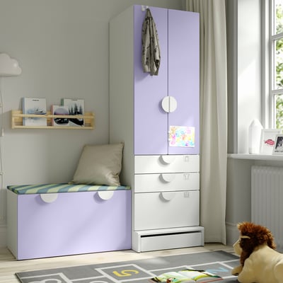 SMÅSTAD / UPPFÖRA Combinación de almacenamiento, blanco lila/con banca, 150x65x196 cm