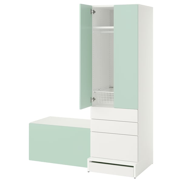 SMÅSTAD / UPPFÖRA Combinación de almacenamiento, blanco Verde claro/con banca, 150x65x196 cm