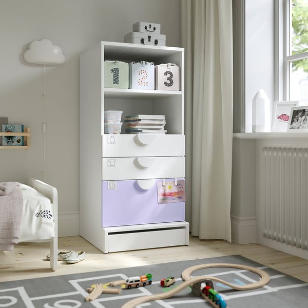 SMÅSTAD / UPPFÖRA Librero, blanco lila/con 3 cajones, 60x65x136 cm