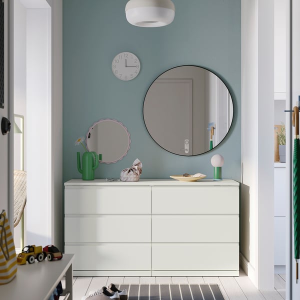 STORKLINTA Cómoda de 6 cajones, blanco/Función de anclaje/desbloqueo, 140x48x75 cm