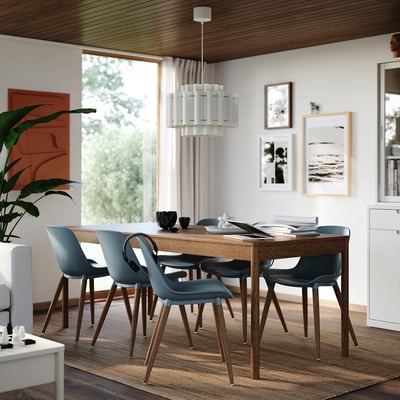 TONSTAD / GRÖNSTA Mesa y 6 sillas, café chapa roble/gris turquesa, 200x85 cm