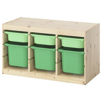 TROFAST Combinación de almacenaje con cajas, pino tte claro Verde claro/verde vivo, 93x44x52 cm