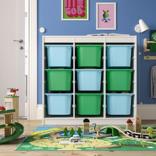 TROFAST Combinación de almacenaje con cajas, Separador de habitaciones blanco/azul claro verde vivo, 99x44x94 cm