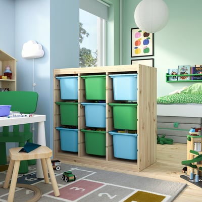 TROFAST Combinación de almacenaje con cajas, Separador de habitaciones pino tte claro/azul claro verde vivo, 93x44x91 cm
