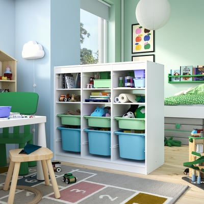 TROFAST Combinación de almacenamiento, con repisas/cajas Separador de habitaciones/blanco verde claro/azul claro, 99x44x94 cm