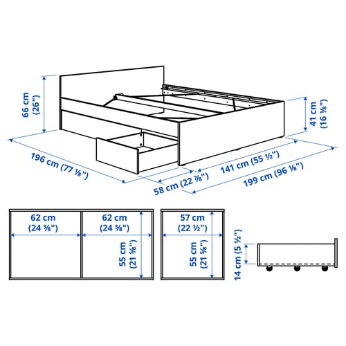 VIHALS Base de cama con 2 cajones, blanco, Matrimonial