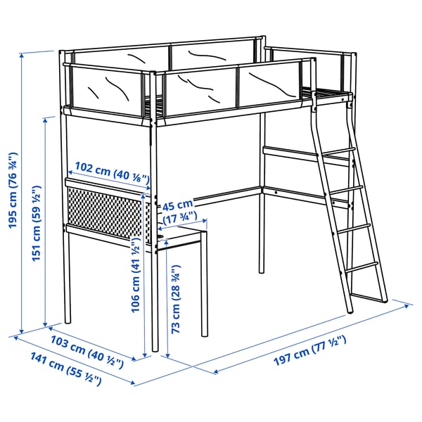 VITVAL Estructura de cama alta/ escritorio, blanco/gris claro, Individual