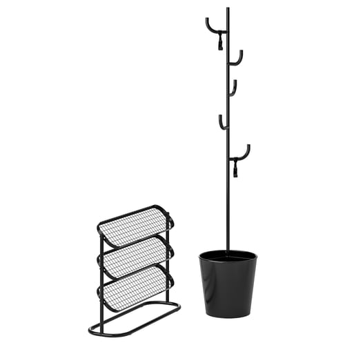 Black ÄLGANÄS set: tall coat stand with hooks, wide base; shoe rack with three shelves and curved foot; minimalist, functional design.