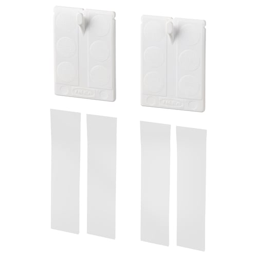 Four white ALFTA wall hooks with adhesive strips, rectangular shape, polystyrene plastic and foam material.