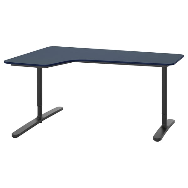 BEKANT Corner desk left, linoleum blue/black, 160x110 cm