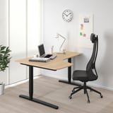 BEKANT Corner desk left sit/stand, white stained oak veneer/black, 160x110 cm