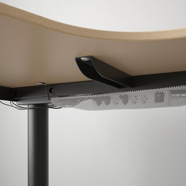 BEKANT Corner desk left sit/stand, white stained oak veneer/black, 160x110 cm